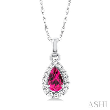 5x3 MM Pear Shape Pink Tourmaline and 1/20 Ctw Single Cut Diamond Halo Semi-Precious Pendant with Chain in 14K White Gold
